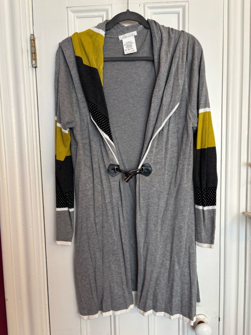Zoe Gray Hooded Open Front Cardigan with Yellow Accent